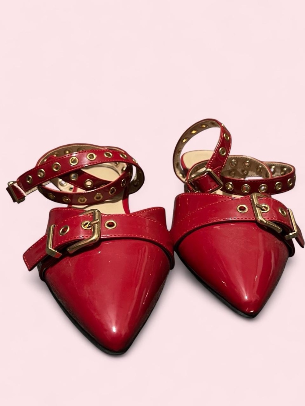Size 9 Red Pointed Patent Leather Ankle-Strap Flats